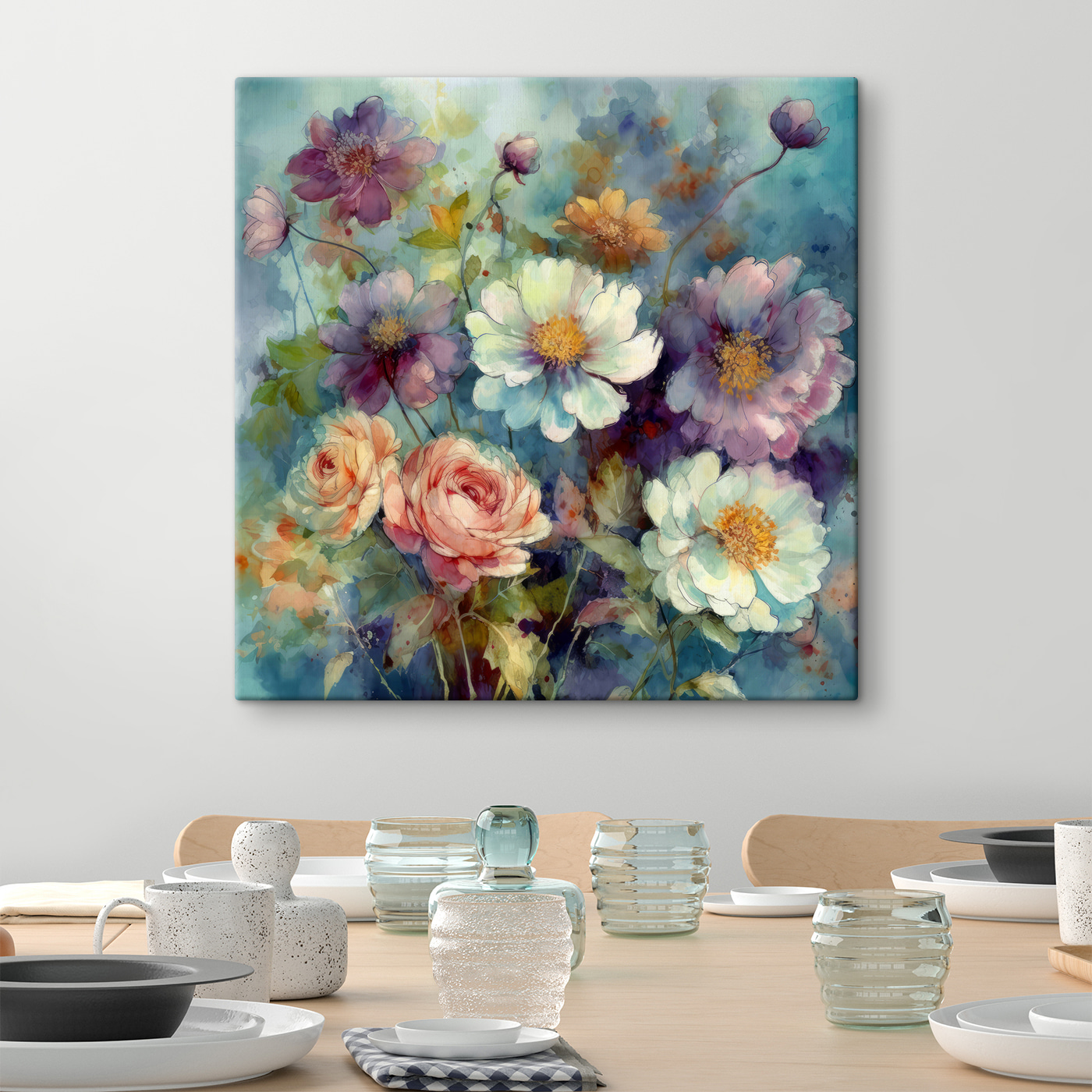 A painting of flowers on a blue background A painting of flowers on a blue background