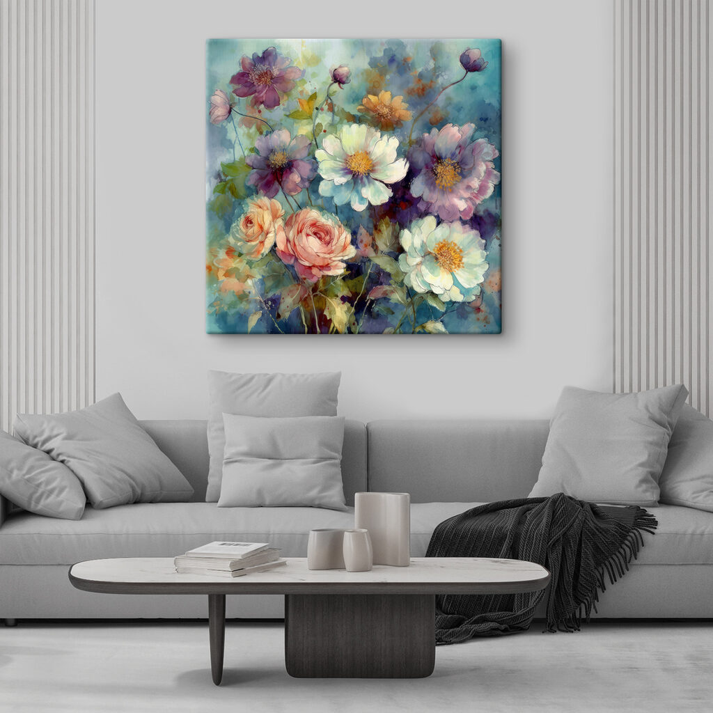 A painting of flowers on a blue background A painting of flowers on a blue background