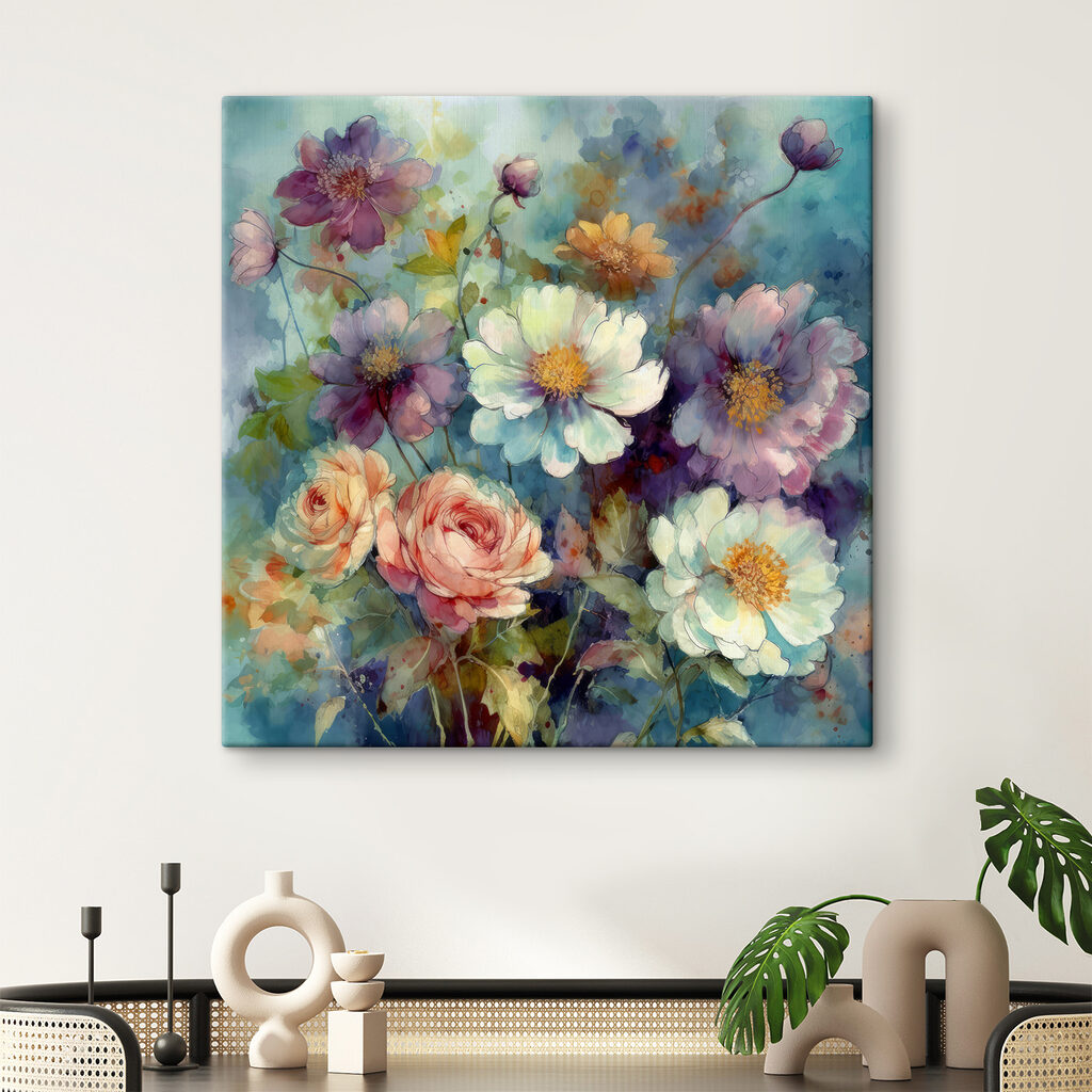 A painting of flowers on a blue background A painting of flowers on a blue background
