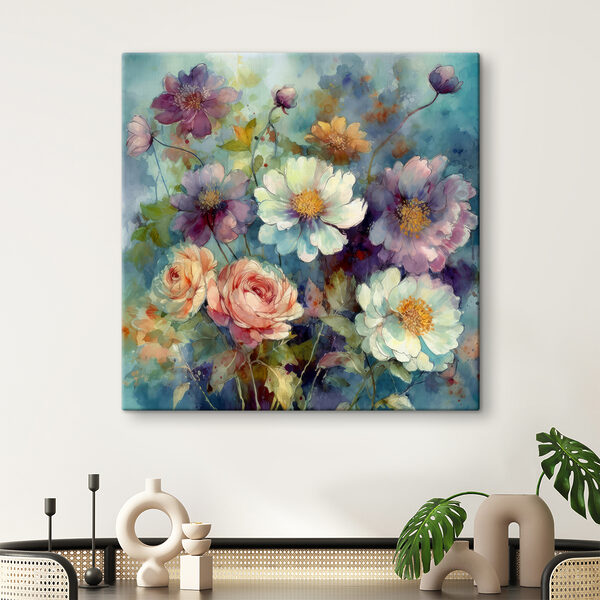 A painting of flowers on a blue background A painting of flowers on a blue background