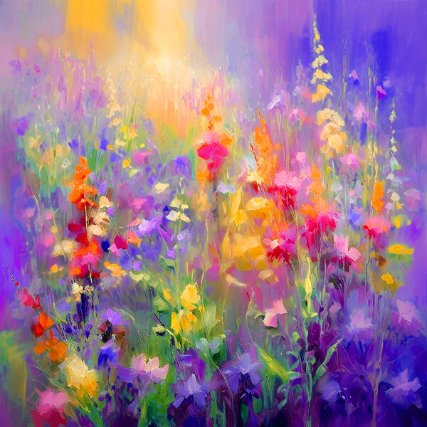 A painting of flowers in a field A painting of flowers in a field