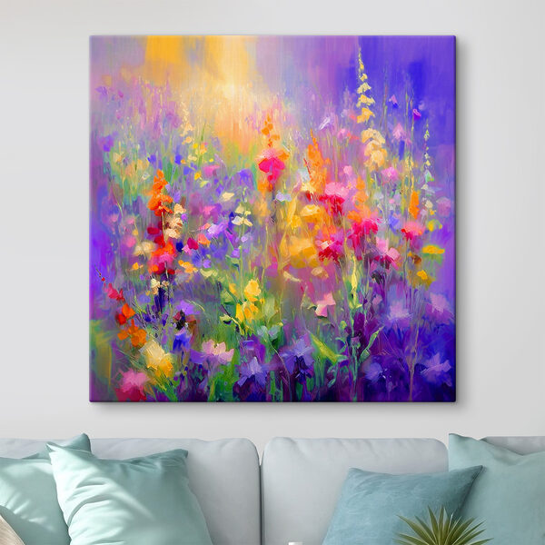 A painting of flowers in a field A painting of flowers in a field