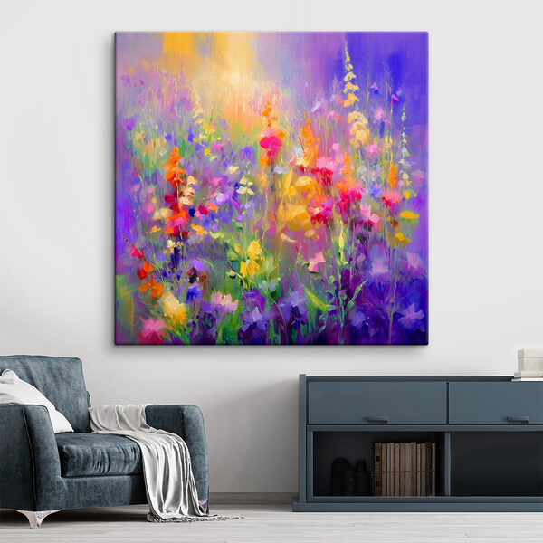 A painting of flowers in a field A painting of flowers in a field