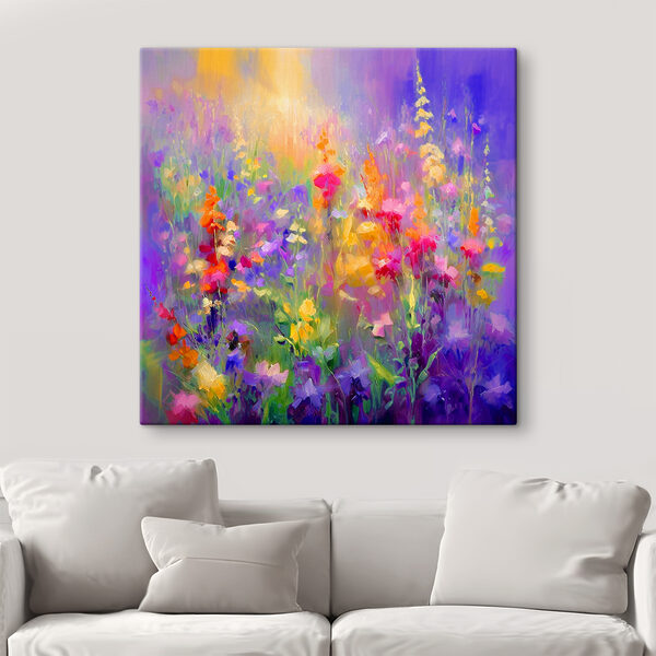 A painting of flowers in a field A painting of flowers in a field