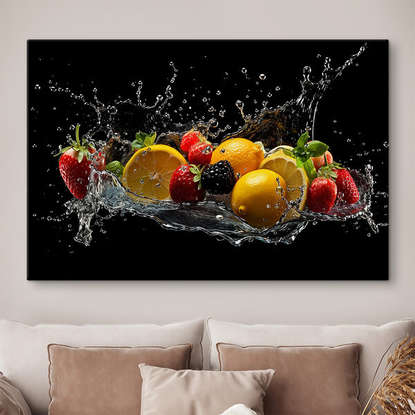 A group of fruits splashing into water A group of fruits splashing into water