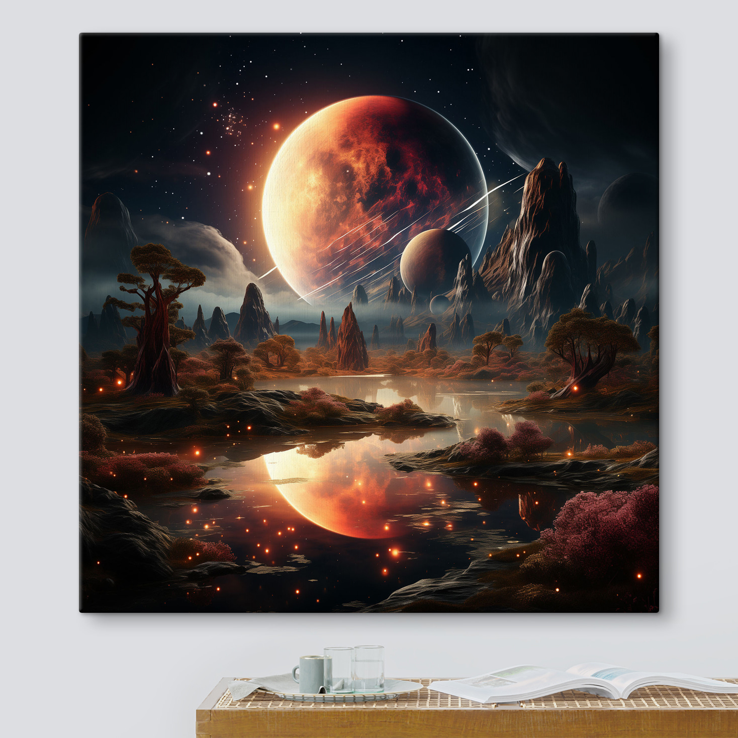 A landscape with a river and a moon