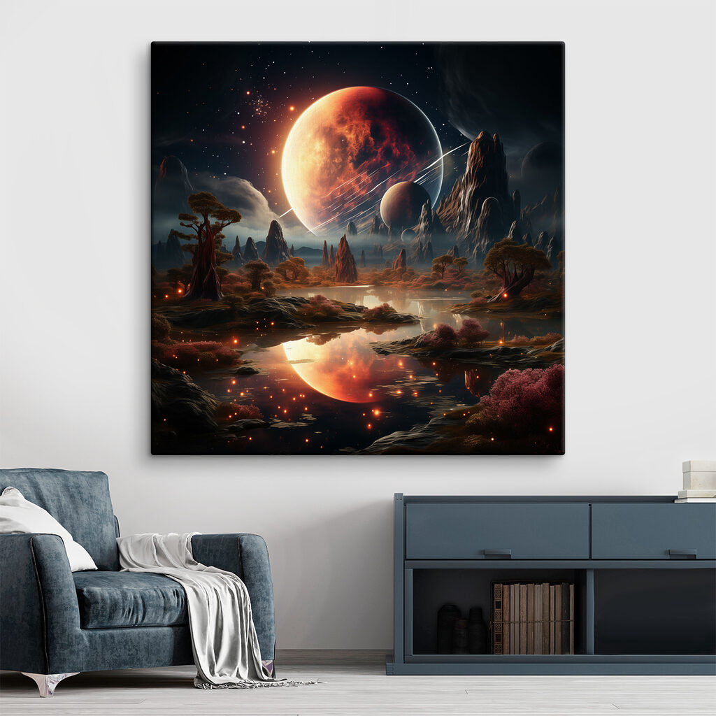 A landscape with a river and a moon