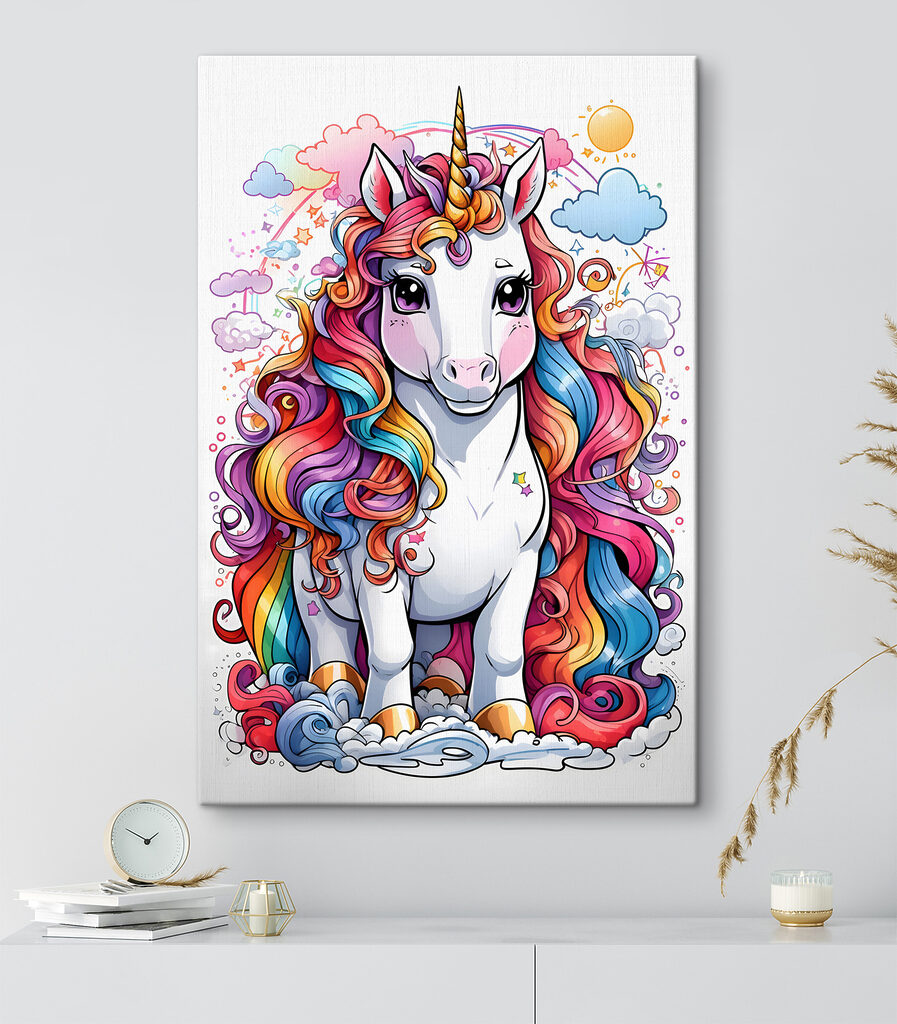 A cartoon unicorn with rainbow hair
