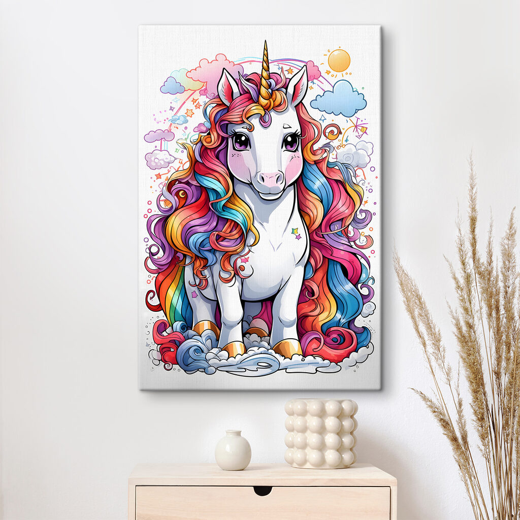 A cartoon unicorn with rainbow hair