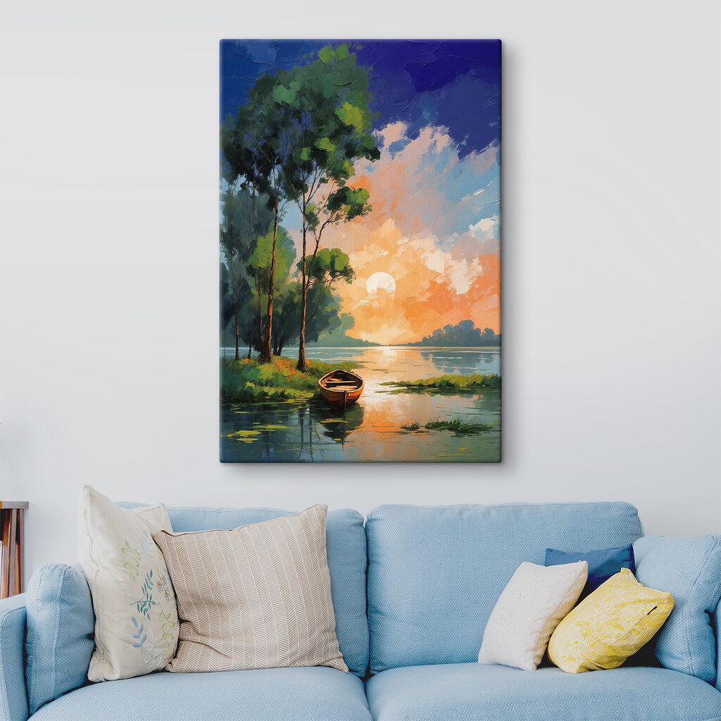 A painting of a boat on a lake