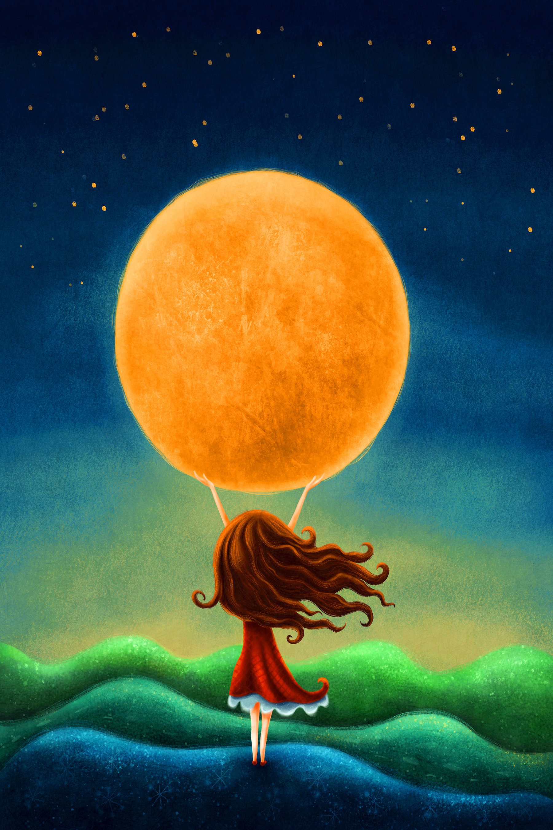 A girl holding a large yellow moon