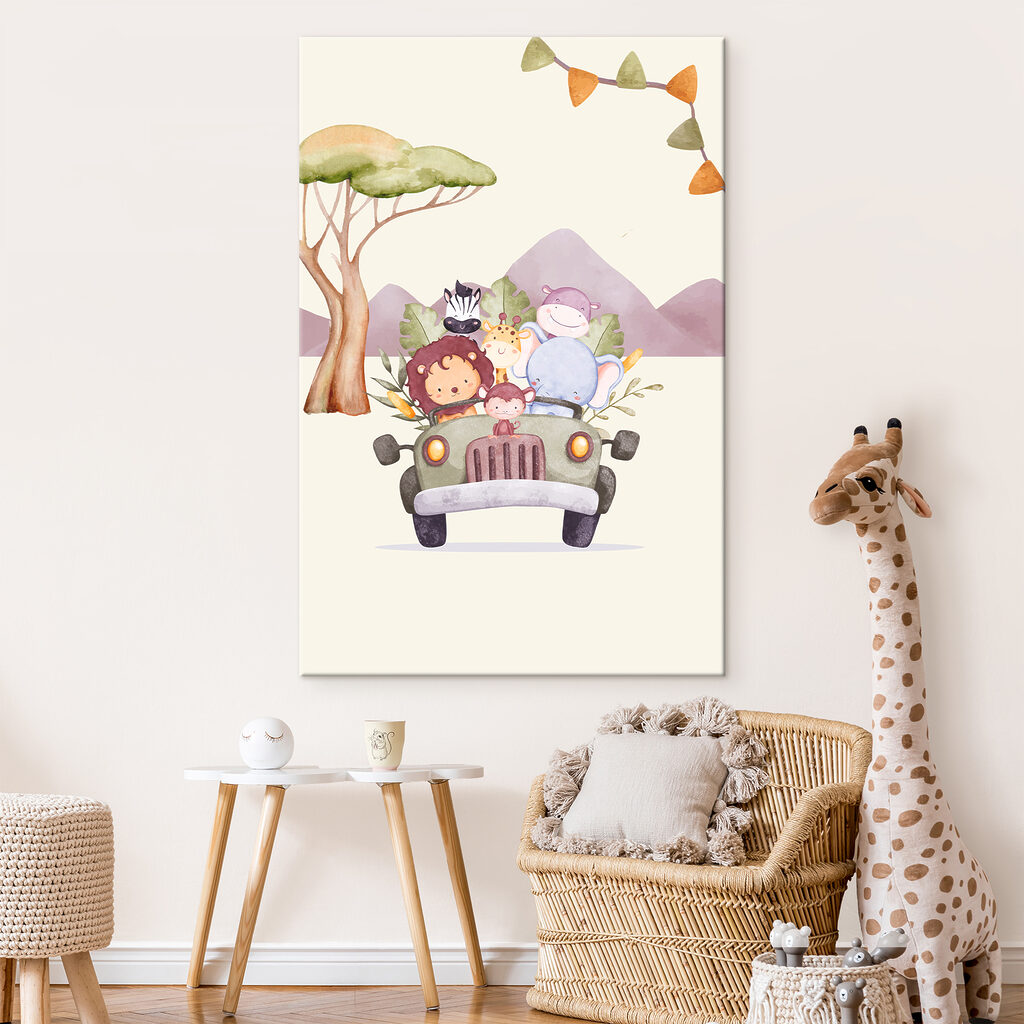 A cartoon of animals in a car A cartoon of animals in a car