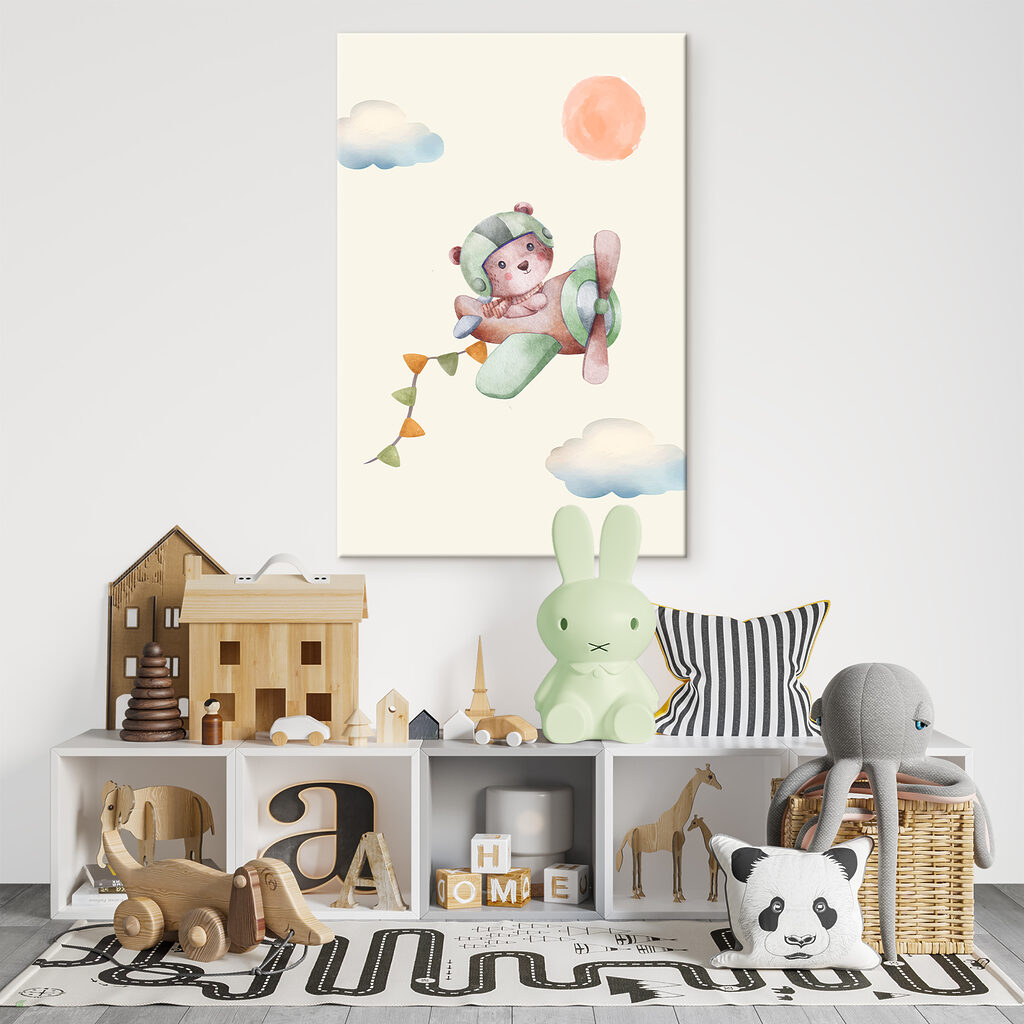 A watercolor painting of a teddy bear in a plane A watercolor painting of a teddy bear in a plane