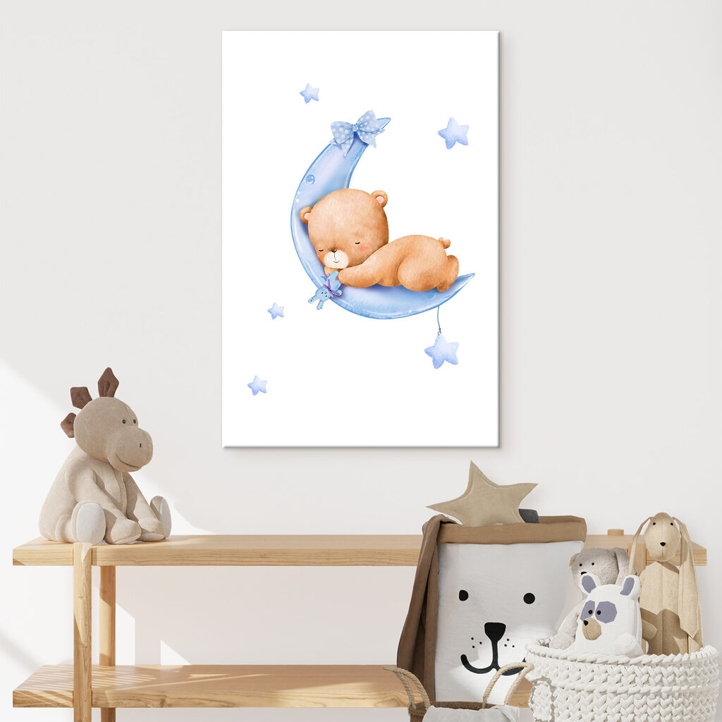 A teddy bear sleeping on the moon