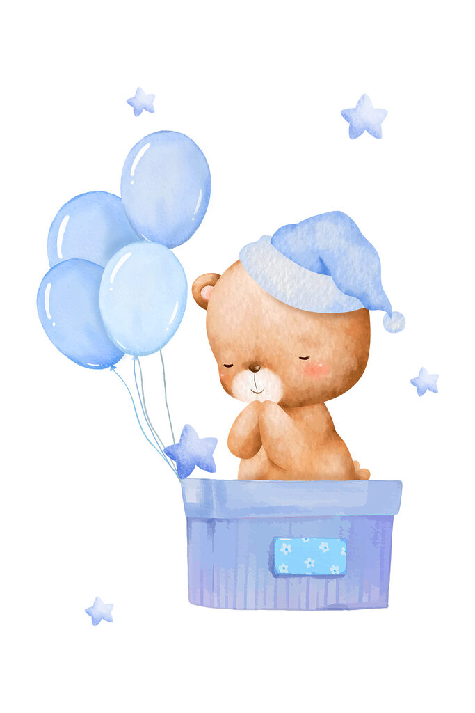 A teddy bear in a box with balloons
