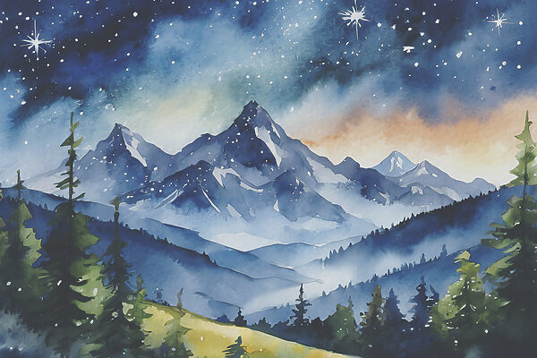Watercolor of a mountain range and stars in the sky Watercolor of a mountain range and stars in the sky