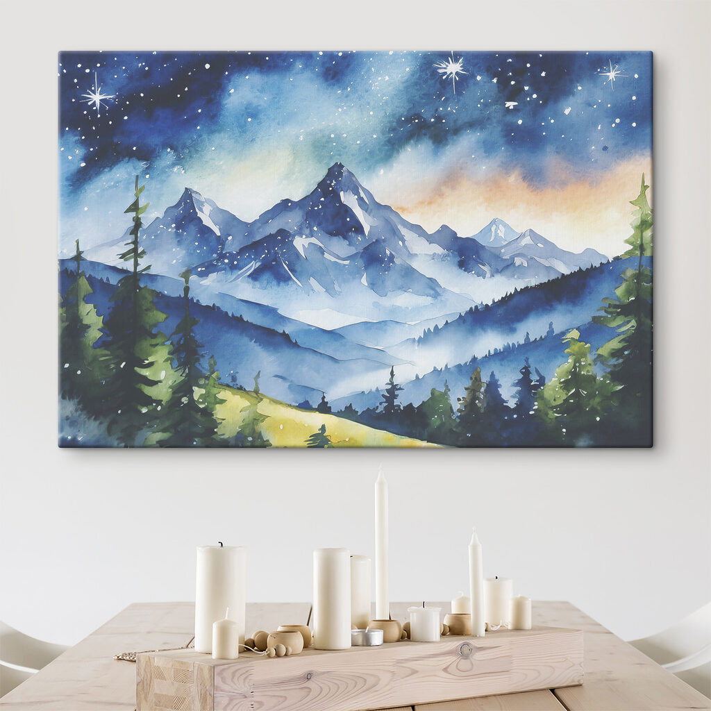 Watercolor of a mountain range and stars in the sky Watercolor of a mountain range and stars in the sky