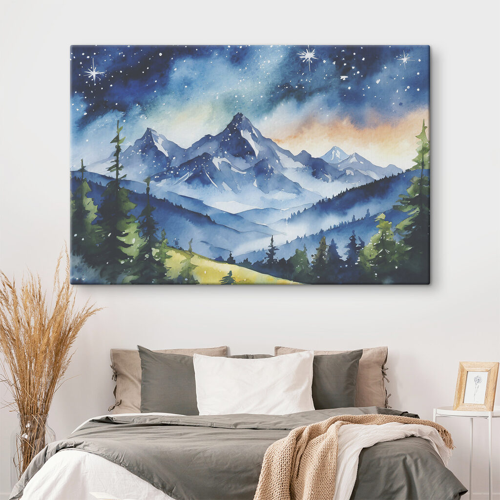 Watercolor of a mountain range and stars in the sky Watercolor of a mountain range and stars in the sky