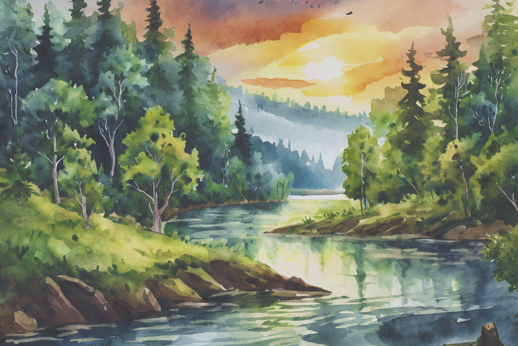 Watercolor painting of a river with trees and mountains in the background Watercolor painting of a river with trees and mountains in the background