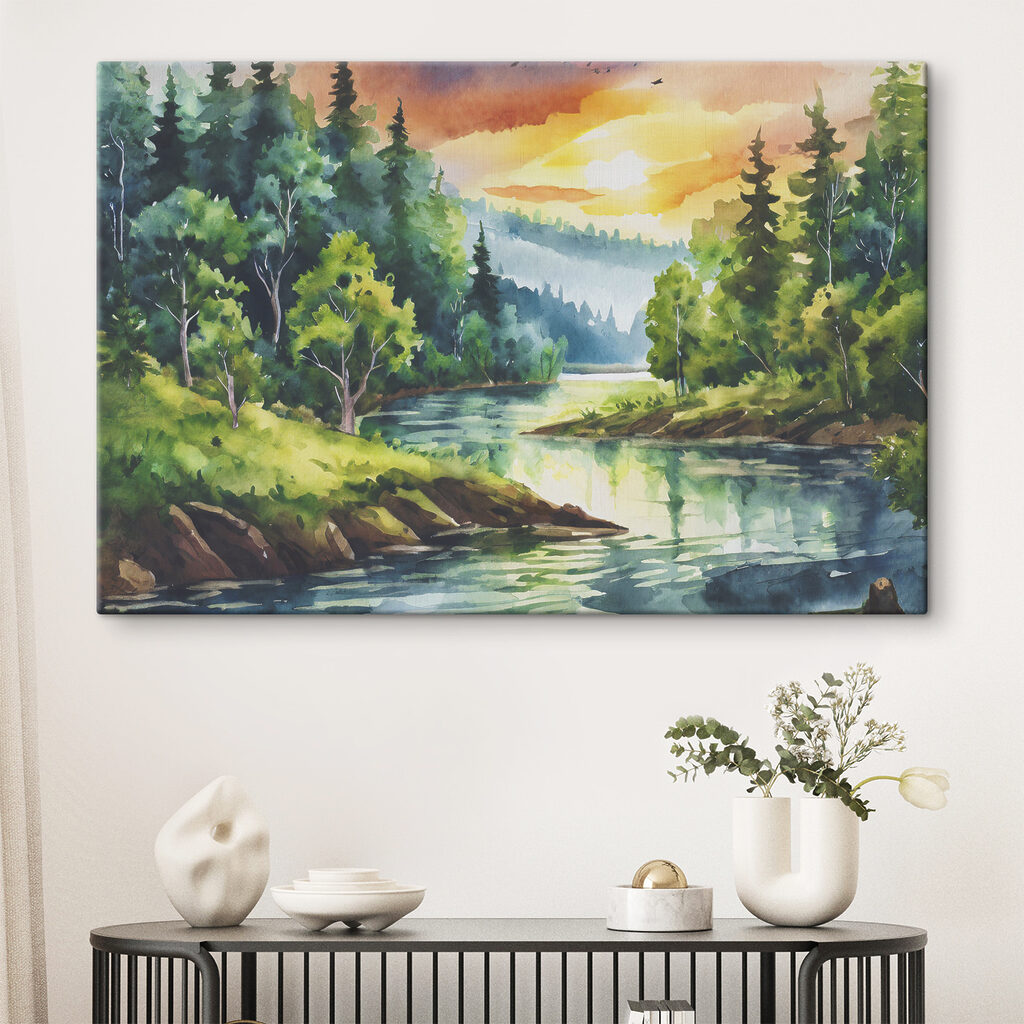 Watercolor painting of a river with trees and mountains in the background Watercolor painting of a river with trees and mountains in the background