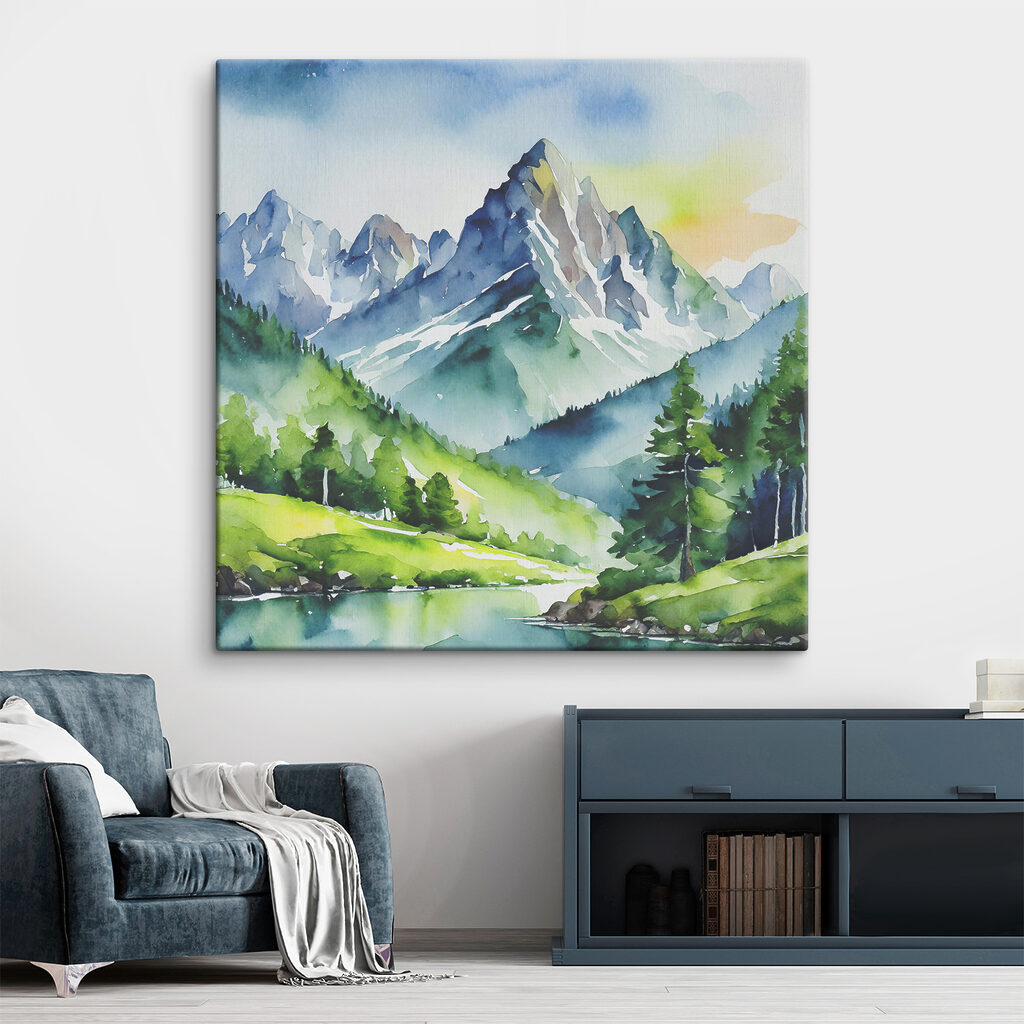 Watercolor of a mountain river and trees Watercolor of a mountain river and trees