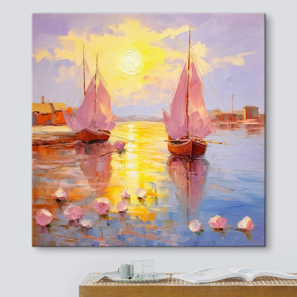 A painting of boats on water