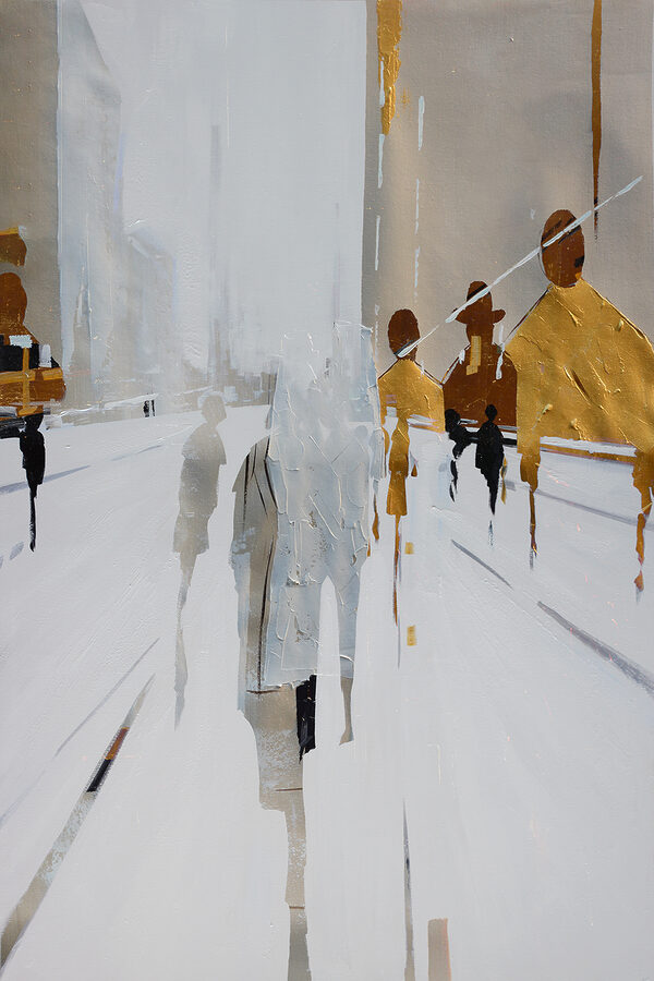A painting of people walking on a snowy street A painting of people walking on a snowy street