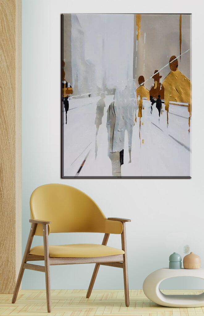 A painting of people walking on a snowy street A painting of people walking on a snowy street
