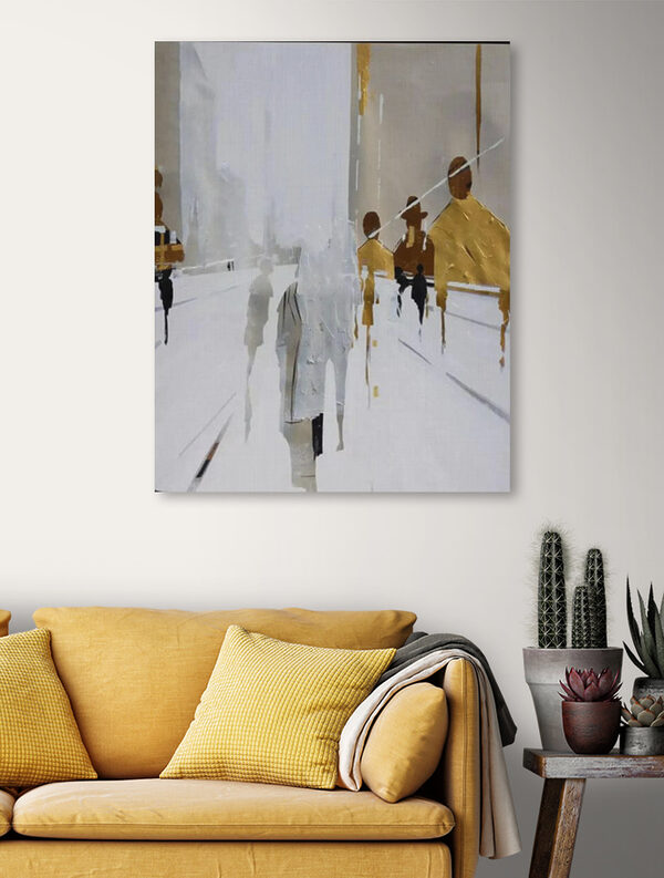 A painting of people walking on a snowy street A painting of people walking on a snowy street