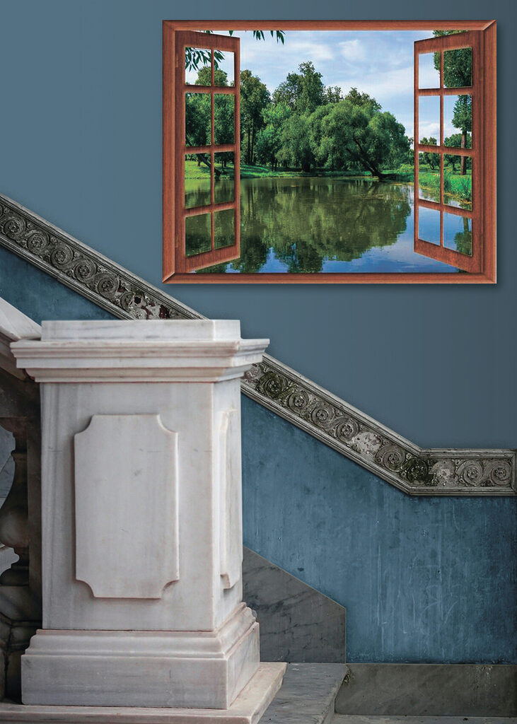 A window with a lake and trees