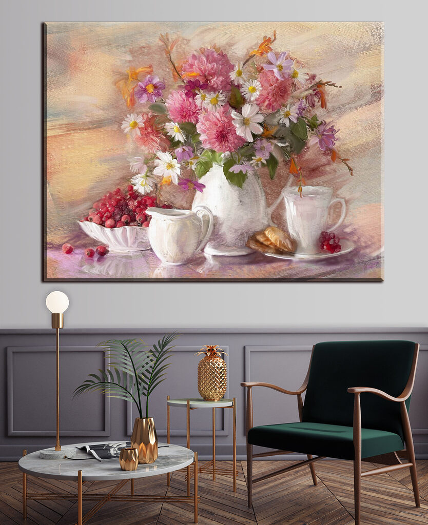 A painting of flowers in a vase and a bowl of croissants