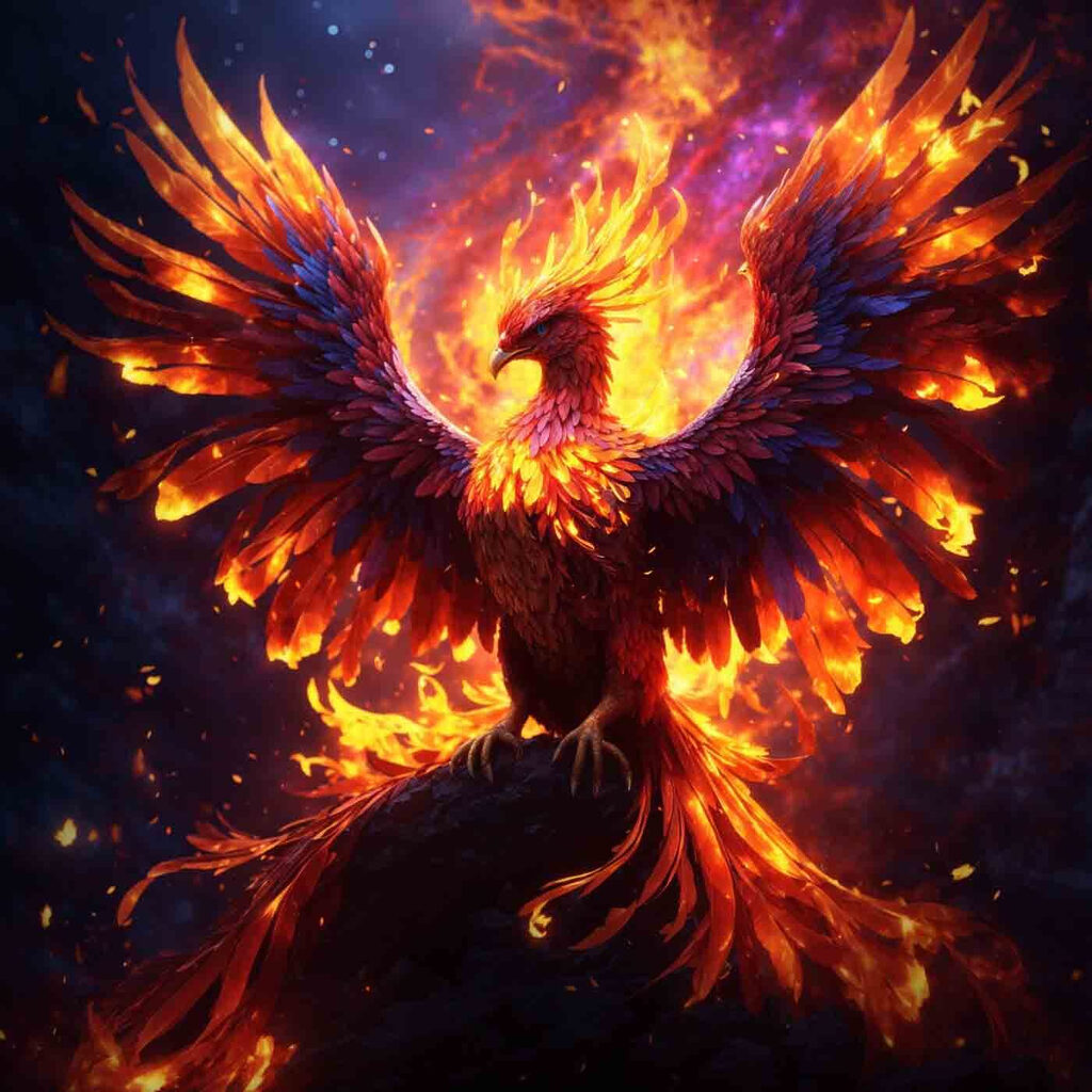 A bird with wings spread and flames in the background A bird with wings spread and flames in the background