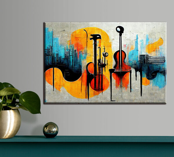 A painting of guitars and instruments