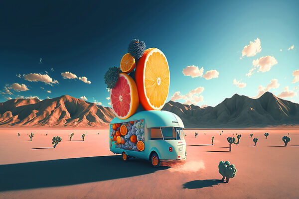 A van with fruits on it
