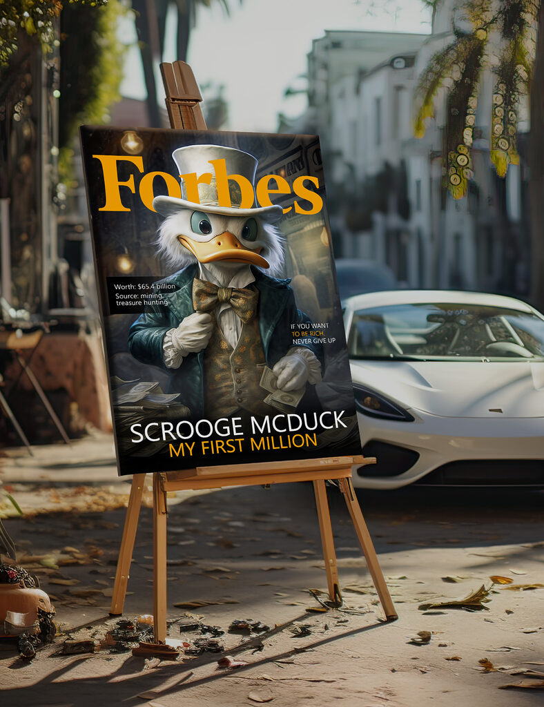 A duck wearing a suit and a bow tie holding money A duck wearing a suit and a bow tie holding money