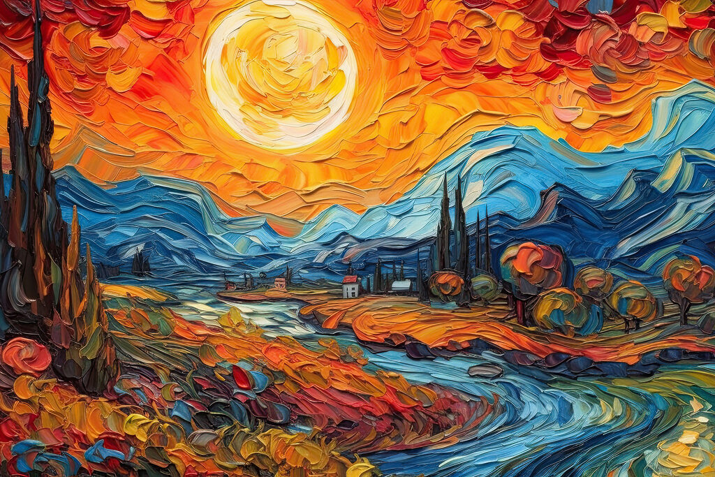 A painting of a landscape with a river and mountains A painting of a landscape with a river and mountains