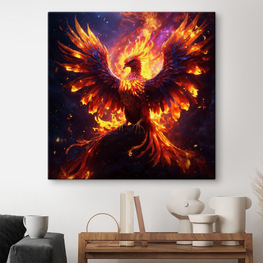 A bird with wings spread and flames in the background A bird with wings spread and flames in the background
