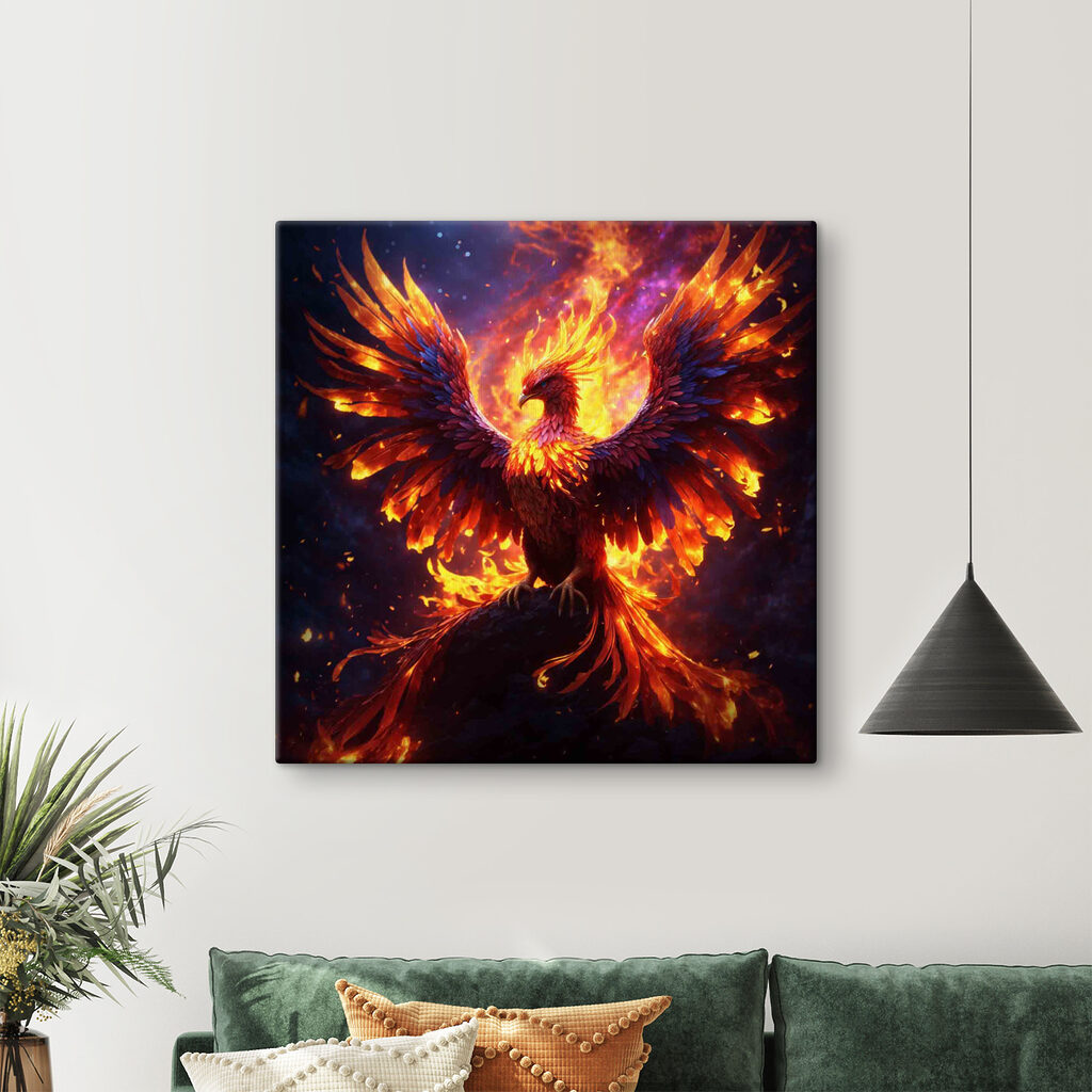 A bird with wings spread and flames in the background A bird with wings spread and flames in the background