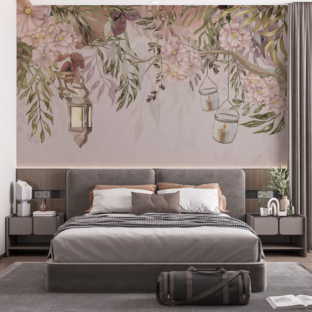 A painting of a tree with flowers and lanterns A painting of a tree with flowers and lanterns