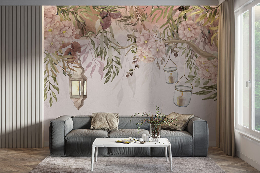 A painting of a tree with flowers and lanterns A painting of a tree with flowers and lanterns