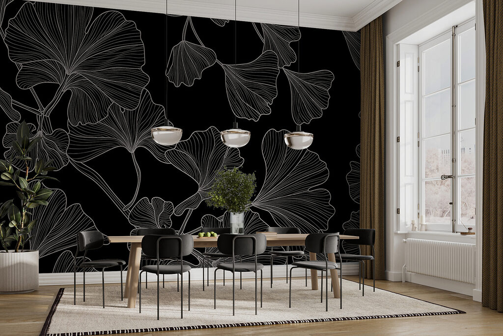 A black and white pattern of leaves