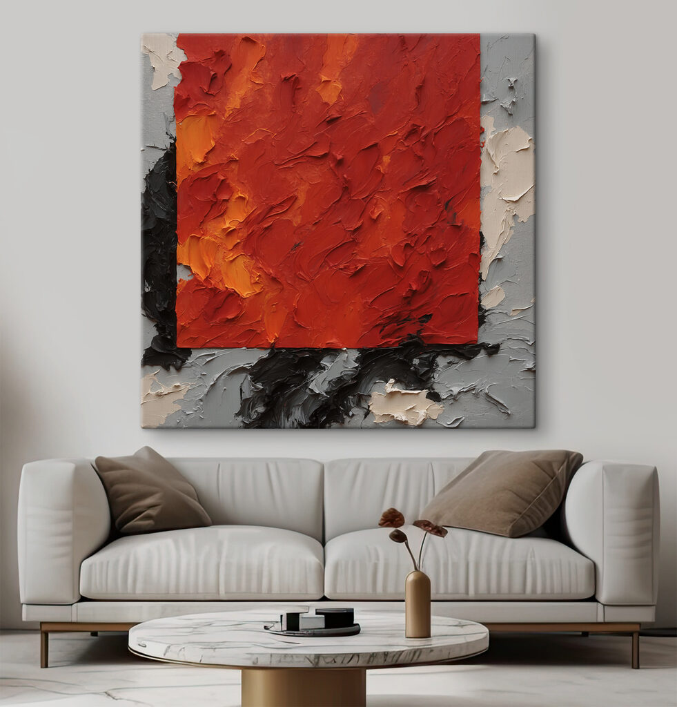 A painting of a red square with black and white paint