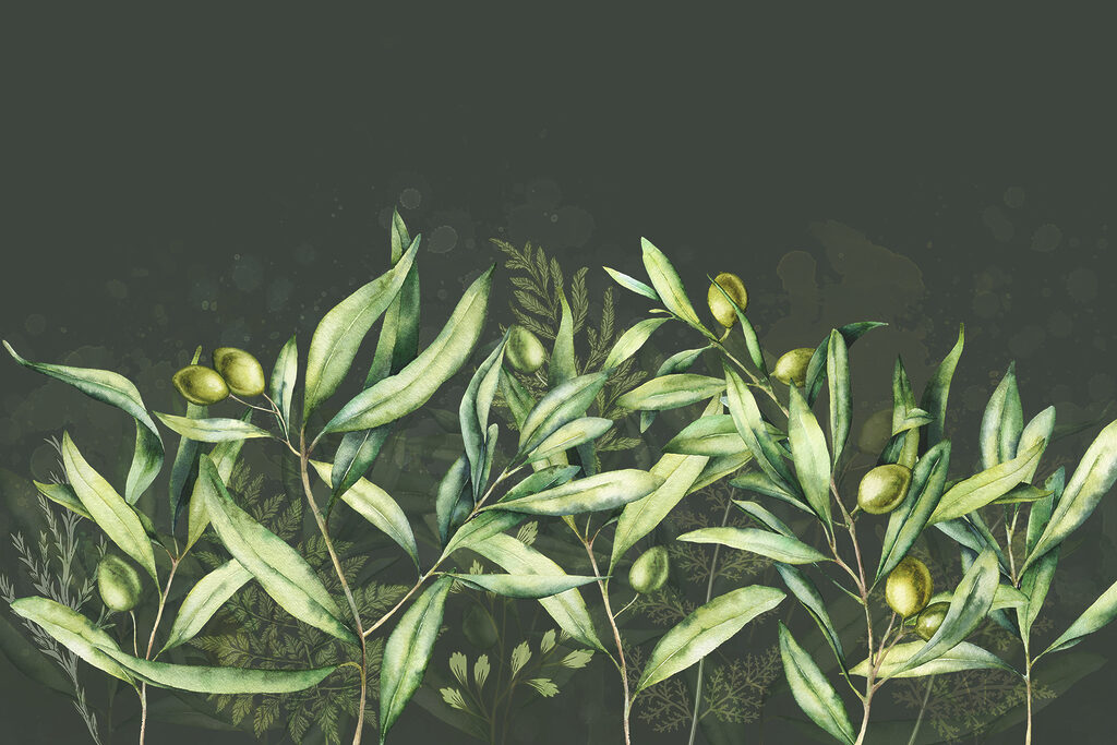 A painting of green leaves and fruits A painting of green leaves and fruits