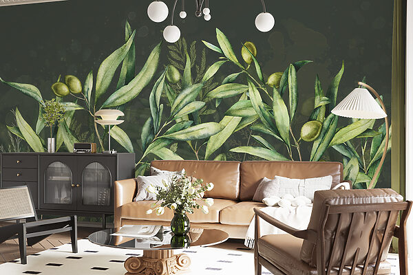 A painting of green leaves and fruits A painting of green leaves and fruits