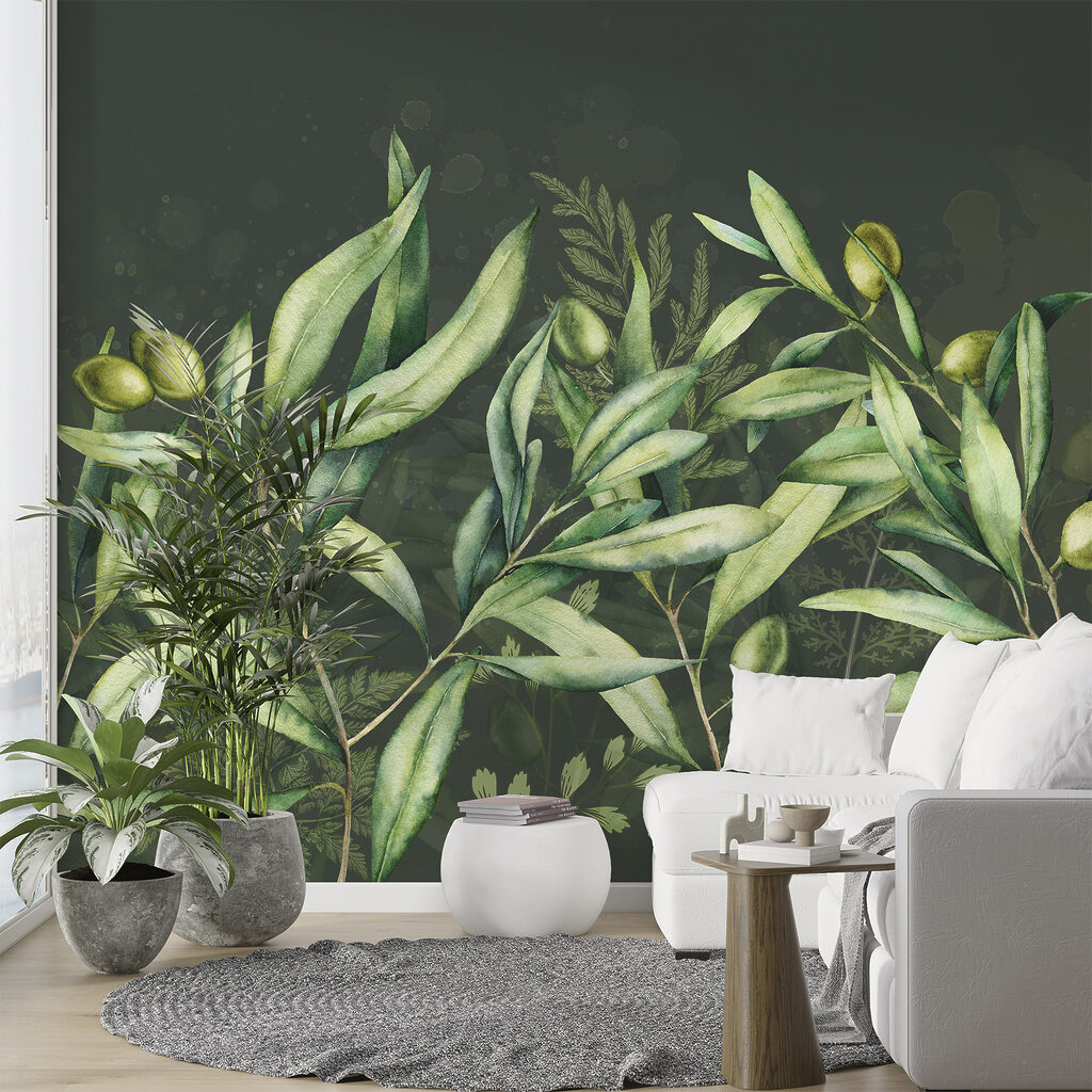 A painting of green leaves and fruits A painting of green leaves and fruits