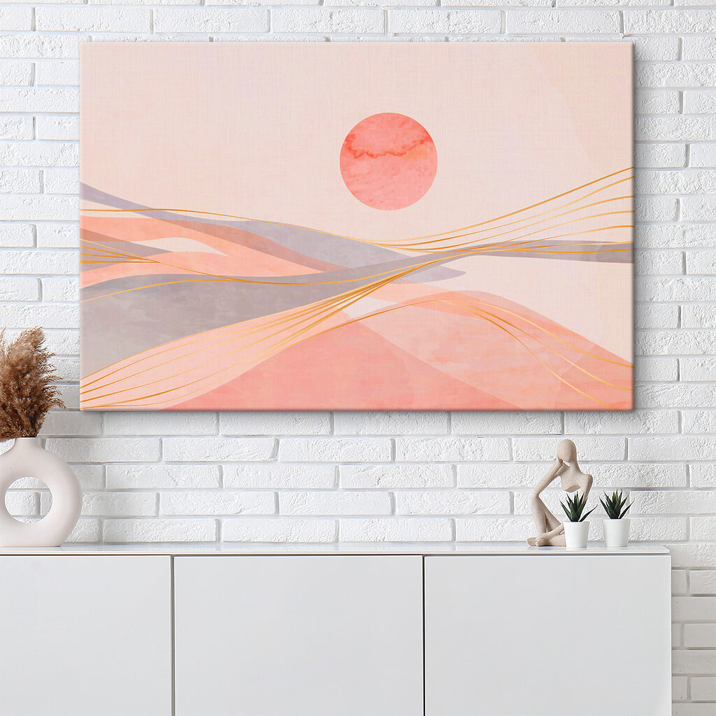 A pink and grey waves with a red sun A pink and grey waves with a red sun