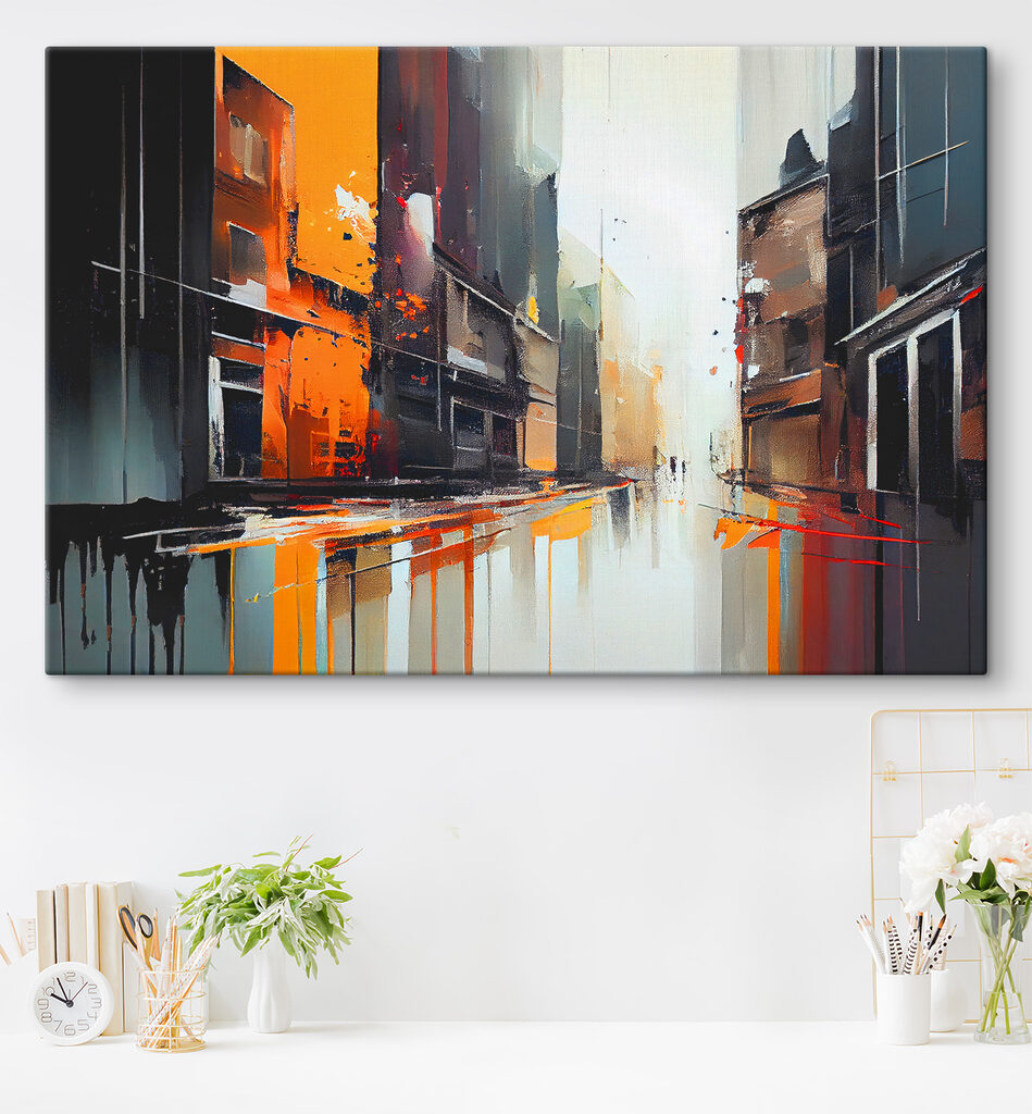 A painting of a street with buildings