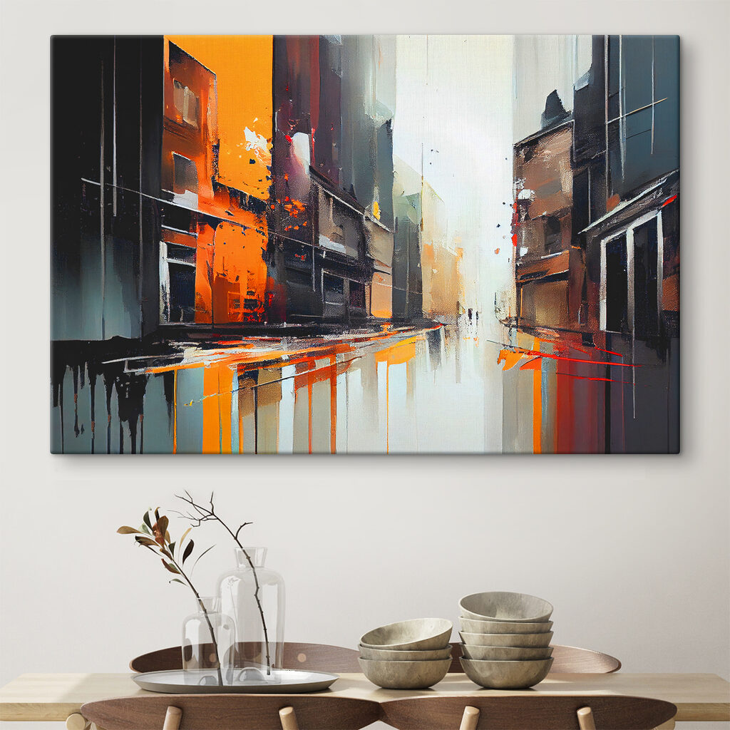 A painting of a street with buildings