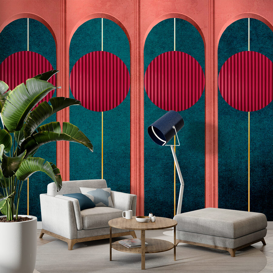 A wall with red circles and blue and green walls A wall with red circles and blue and green walls