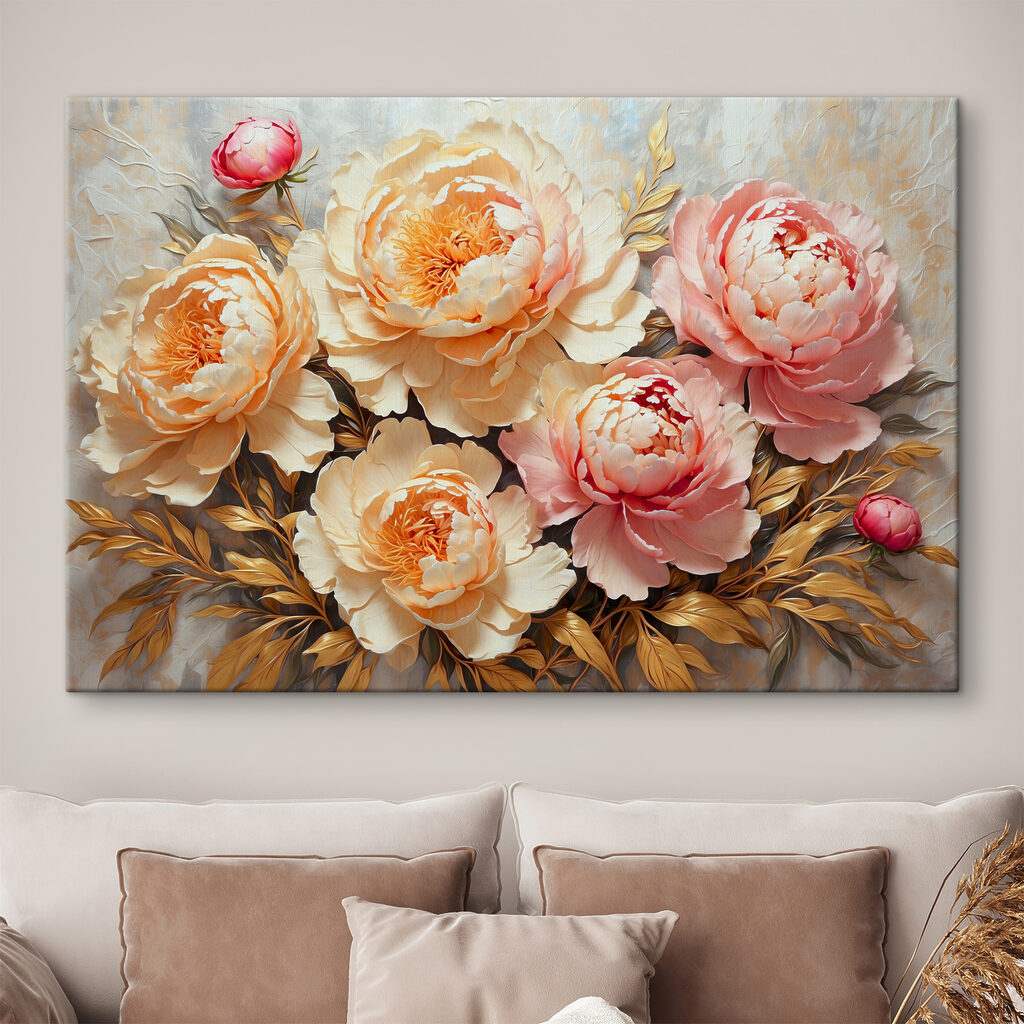 Peonies blooming amid lush foliage